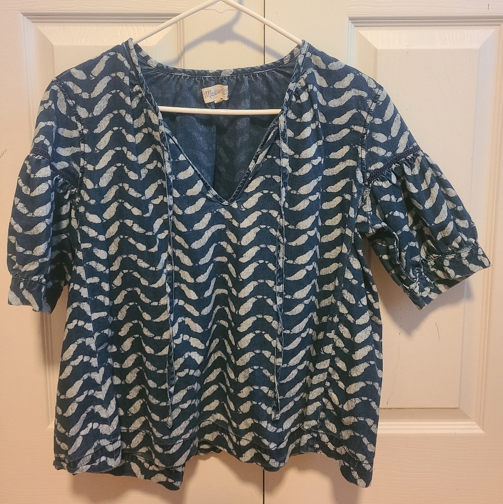 Madewell Brand Denim Blue and White Patterned Blouse